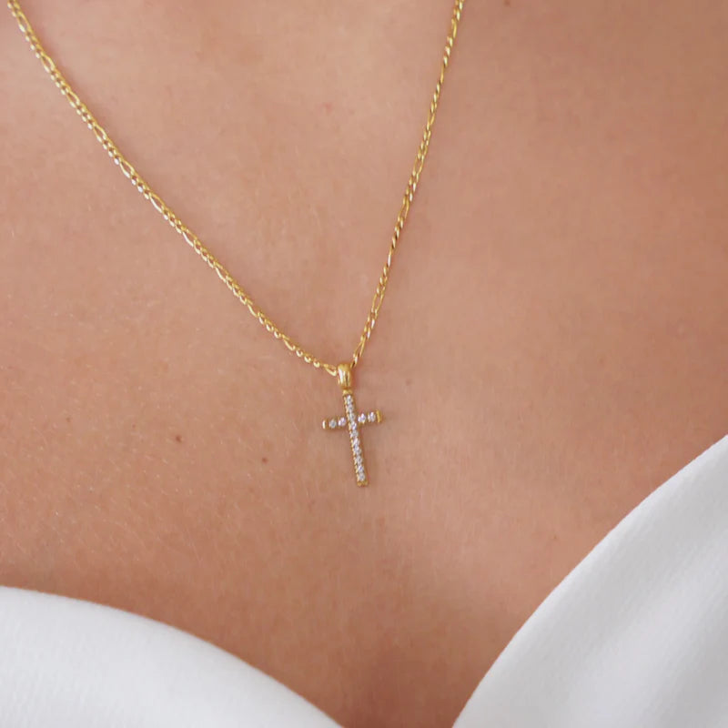 Waterproof Gold Diamond Cross Pendant Necklace 634