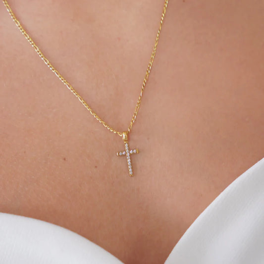 Waterproof Gold Diamond Cross Pendant Necklace 634