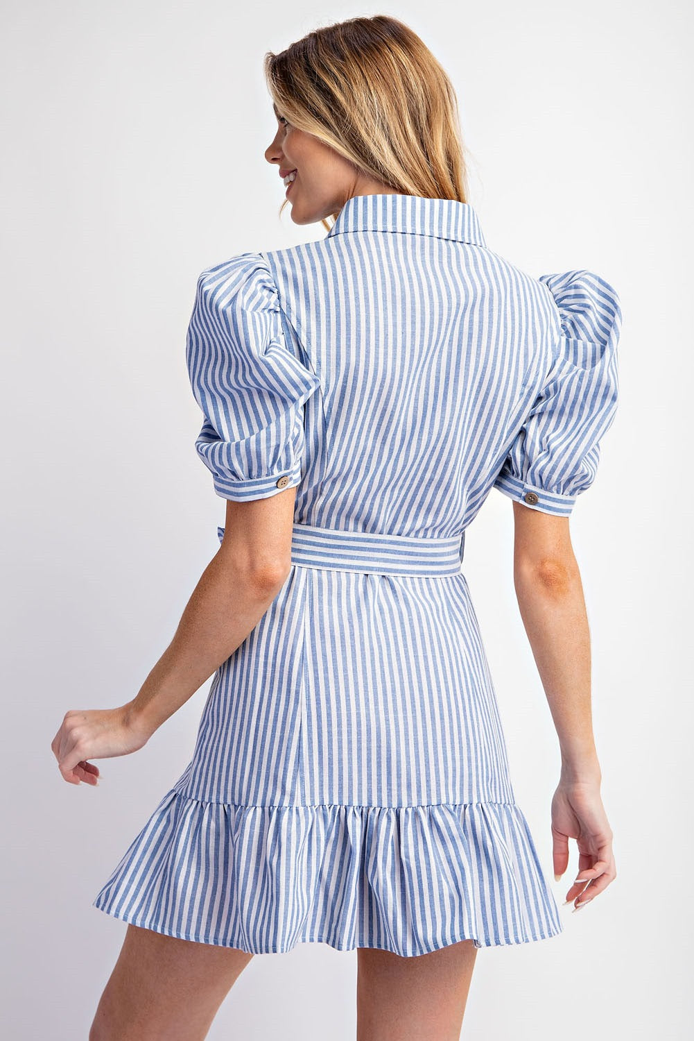 WOVEN STRIPE SHIRT DRESS WITH SHORT SHIRRING SLEEVE DETAILS