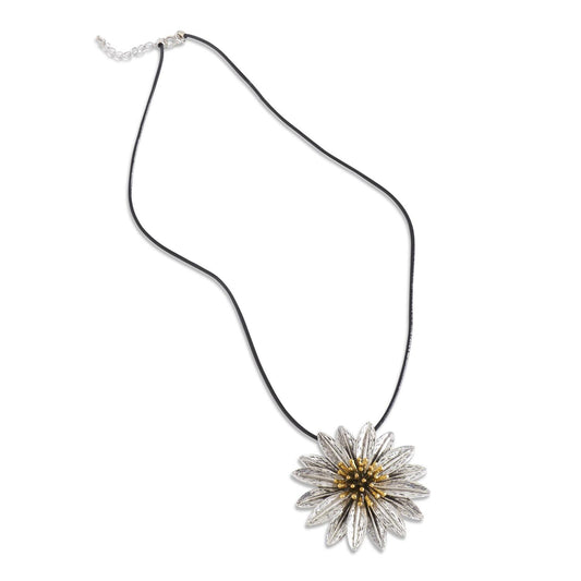 85130A  Black Leather Cord Large Daisy Necklace