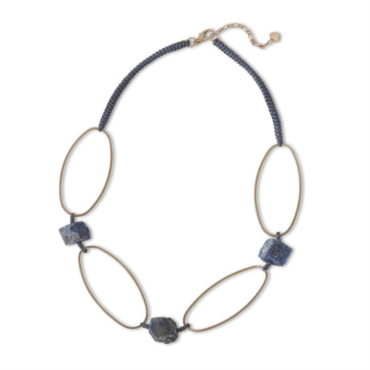 85381A Wax Cord Blue Rough Cut Stone Necklace