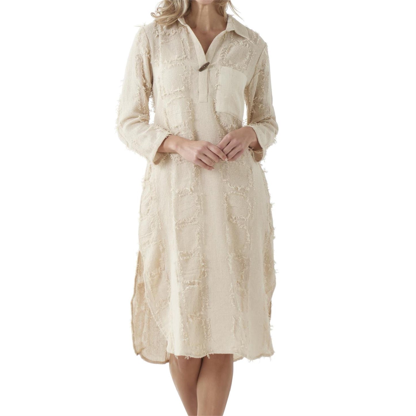 Beige Linen Fringe Squares Dress 85535A
