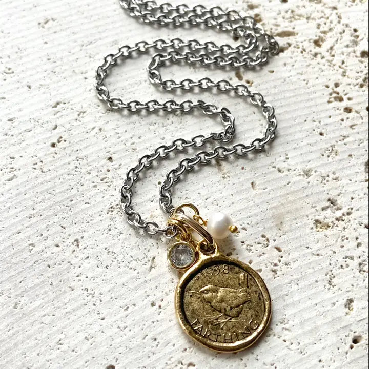Farthing Coin Necklace England English Royal Jewelry Bird N24065