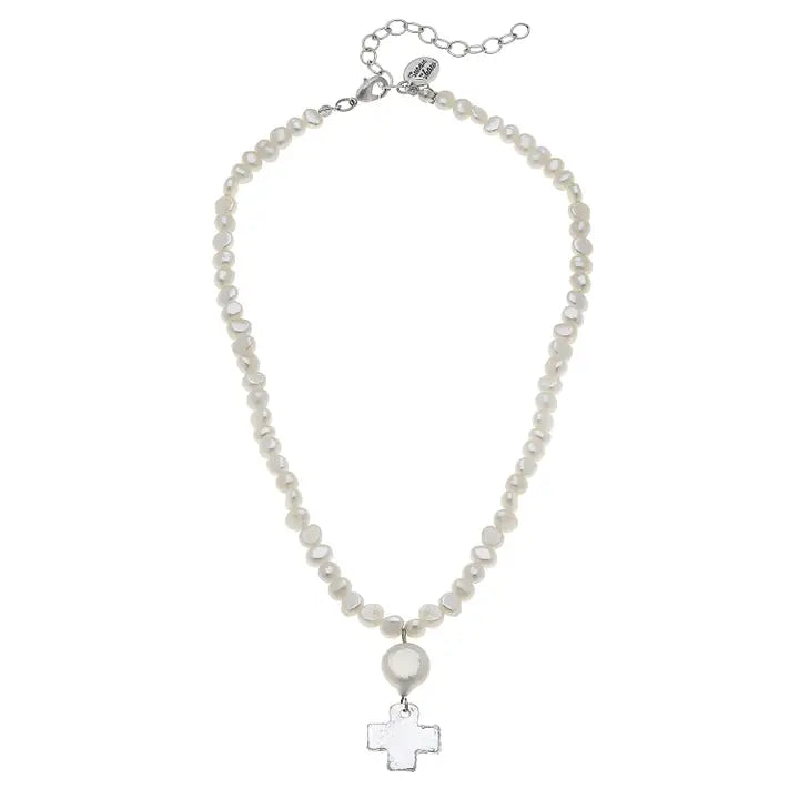 DAINTY SILVER CROSS + COIN PEARL NECKLACE 3703W