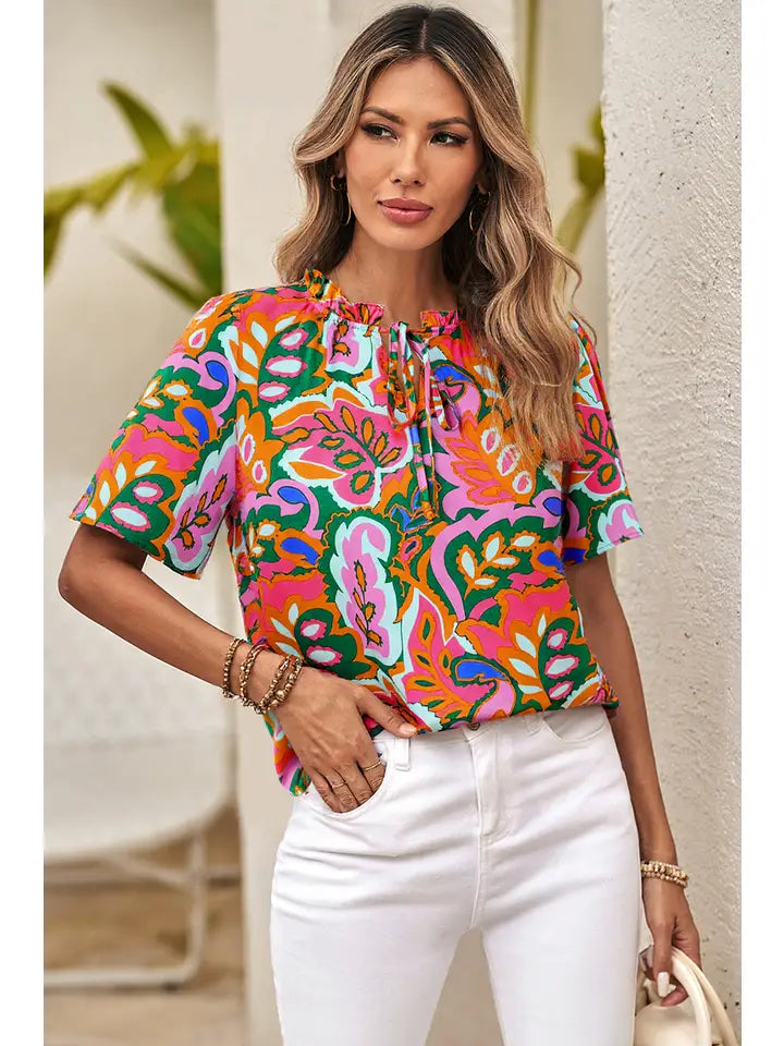 Ldc Summer Plant Print Lace Up V Neck Puff Blouse