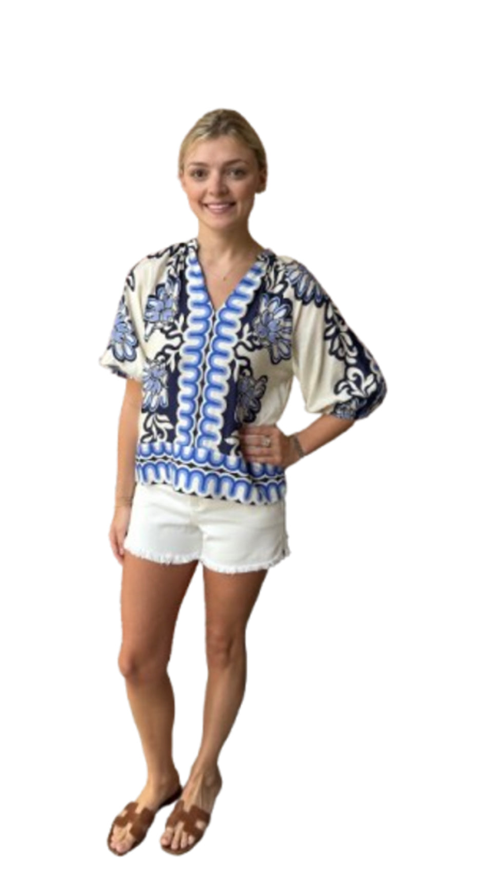 WCT2884 FLOWER PRINT BALLOON SLEEVE TOP