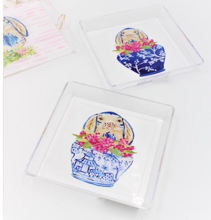 HB2035A 7X7 ACRYLIC TRAY, BUNNY IN POT