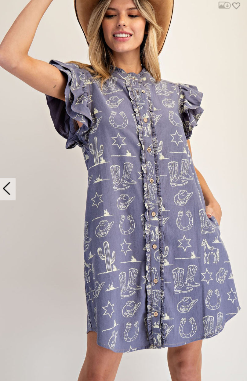 Soft Washed Western Graphic Button Down Mini Dress dh15212