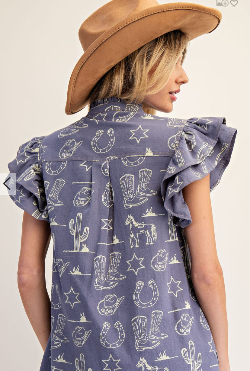 Soft Washed Western Graphic Button Down Mini Dress dh15212