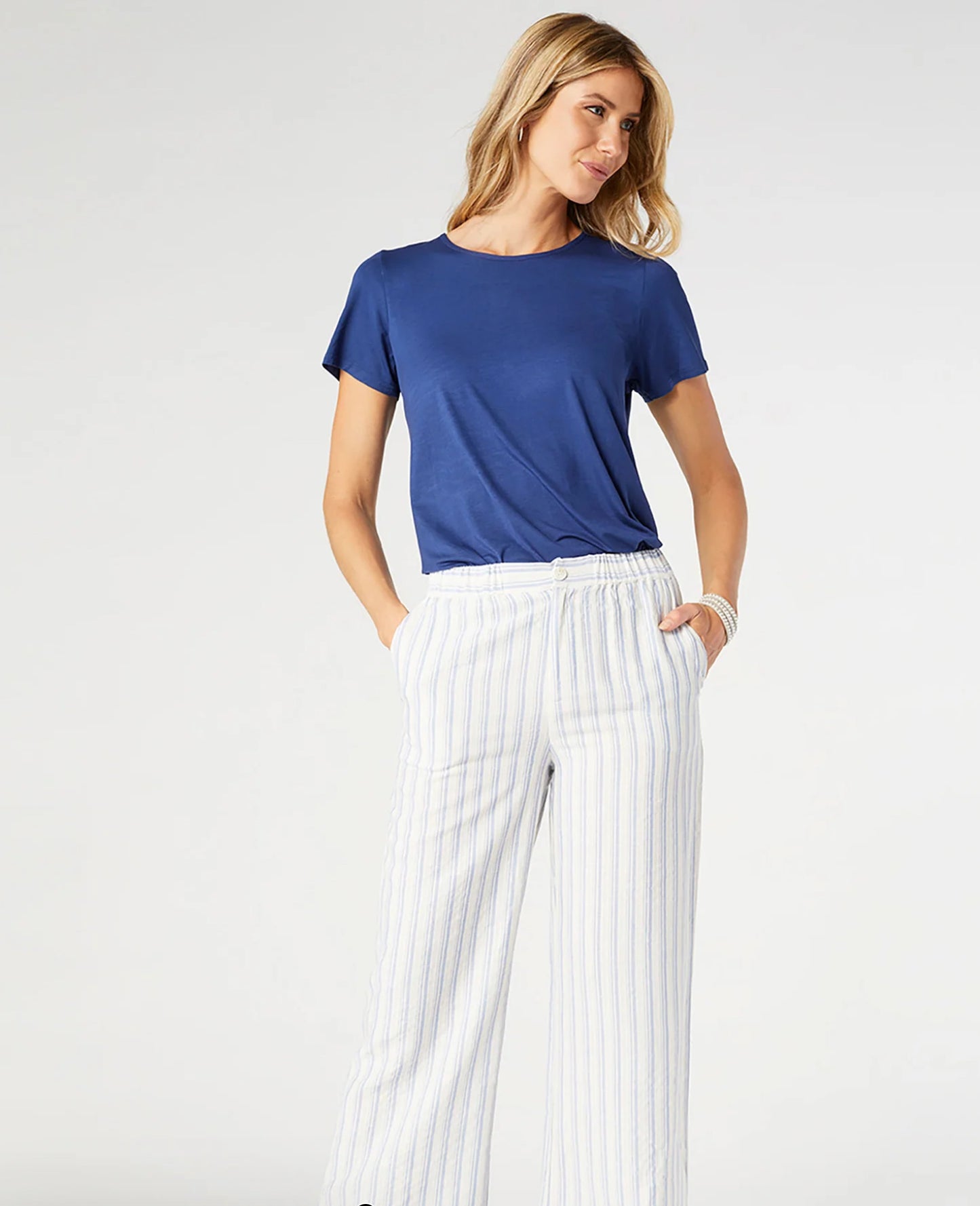 Fallon Wide Leg Striped Pant - Off White/Blue SKU: 2429033A