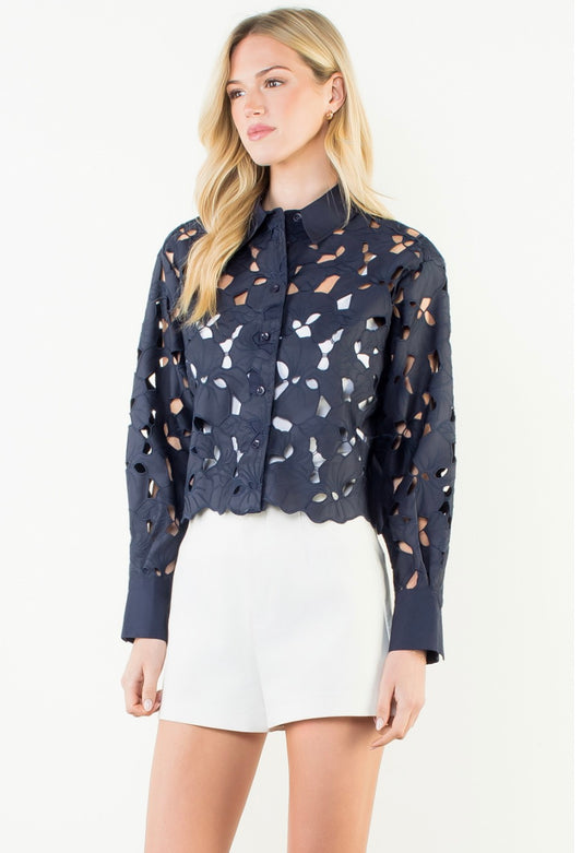 THS1992 EYELET DETAILED LONG SLEEVE TOP