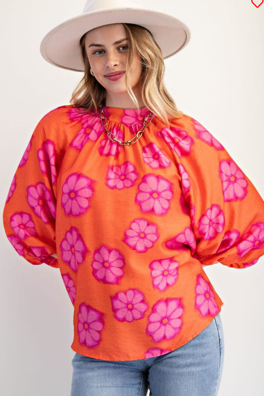 ET26891 BUBBLE SLEEVE PRINT TOP