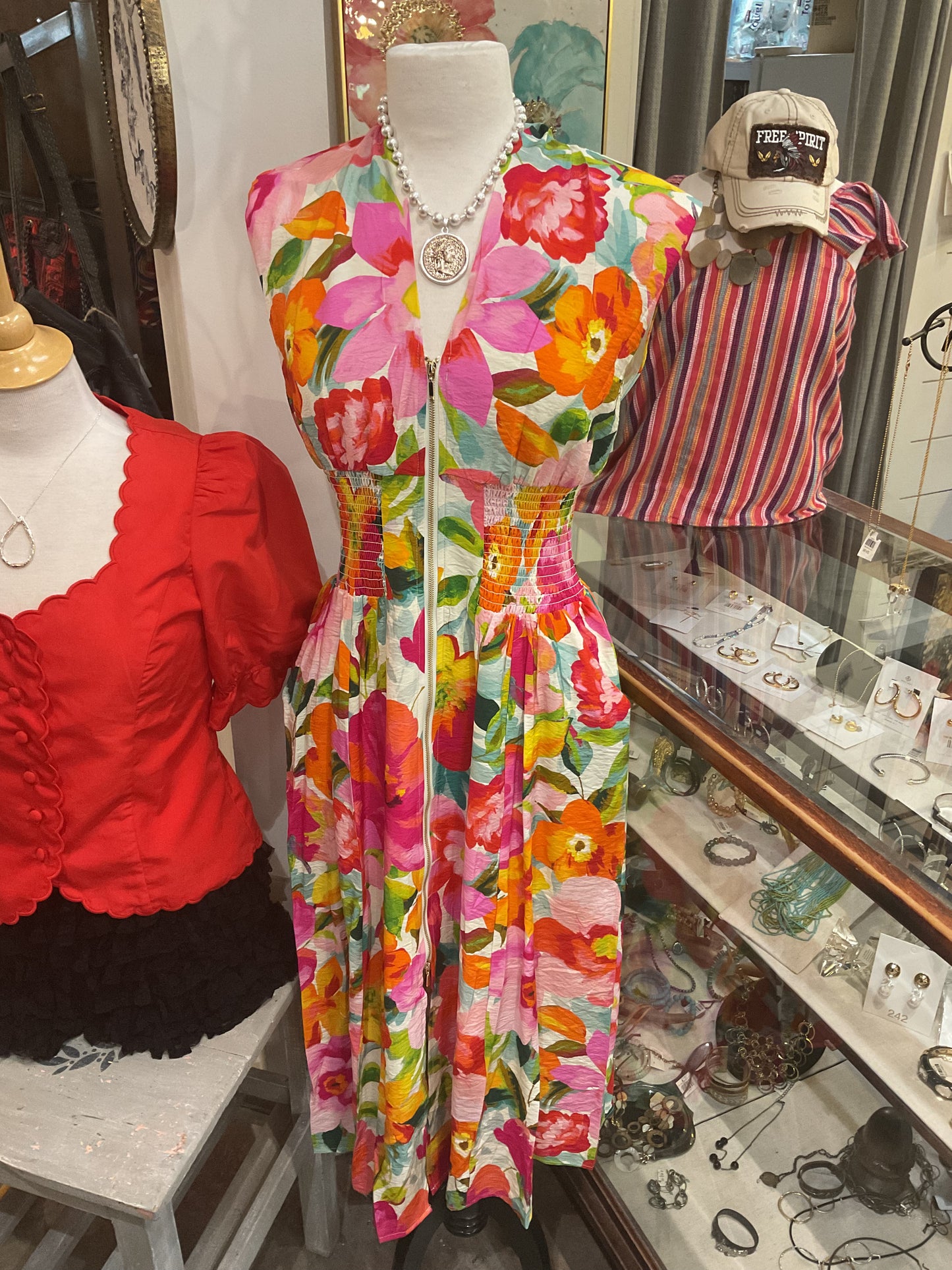 FD30335 ZIP FRONT CLOSURE DRESS IVORY MULTI COLOR