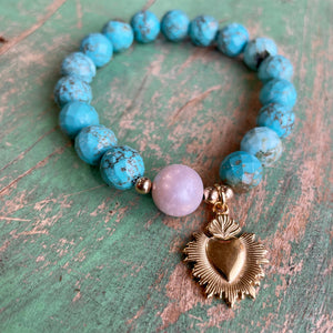 TURQUOISE AND PEARL SACRED HEART BRACELET