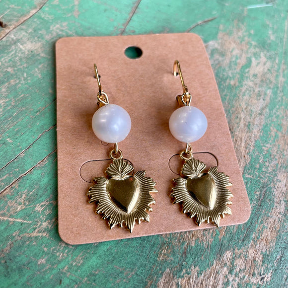 TURQUOISE AND PEARL SACRED HEART EARRING