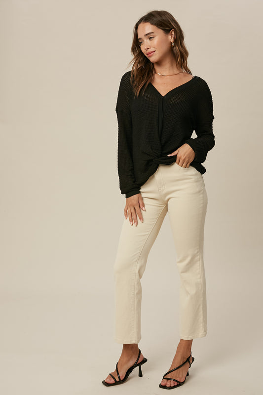 TWISTED FRONT WAFFLE TOP BLK