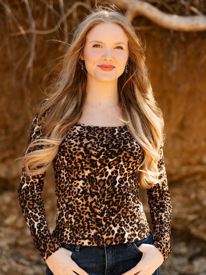 Square Neck Long Sleeve Top, Leopard 8048B-LD