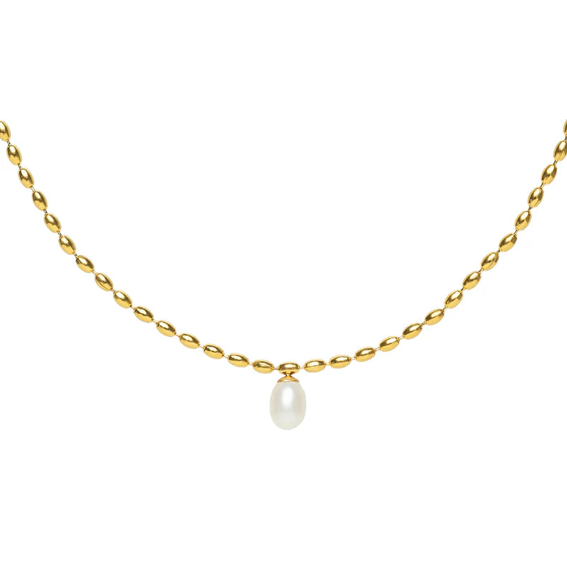 Waterproof Gold Scalloped Pearl Pendant Necklace 686