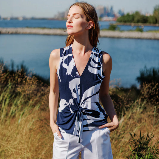Sleeveless V-Neck Center Front Tie Top - Abstract Branch T49P29