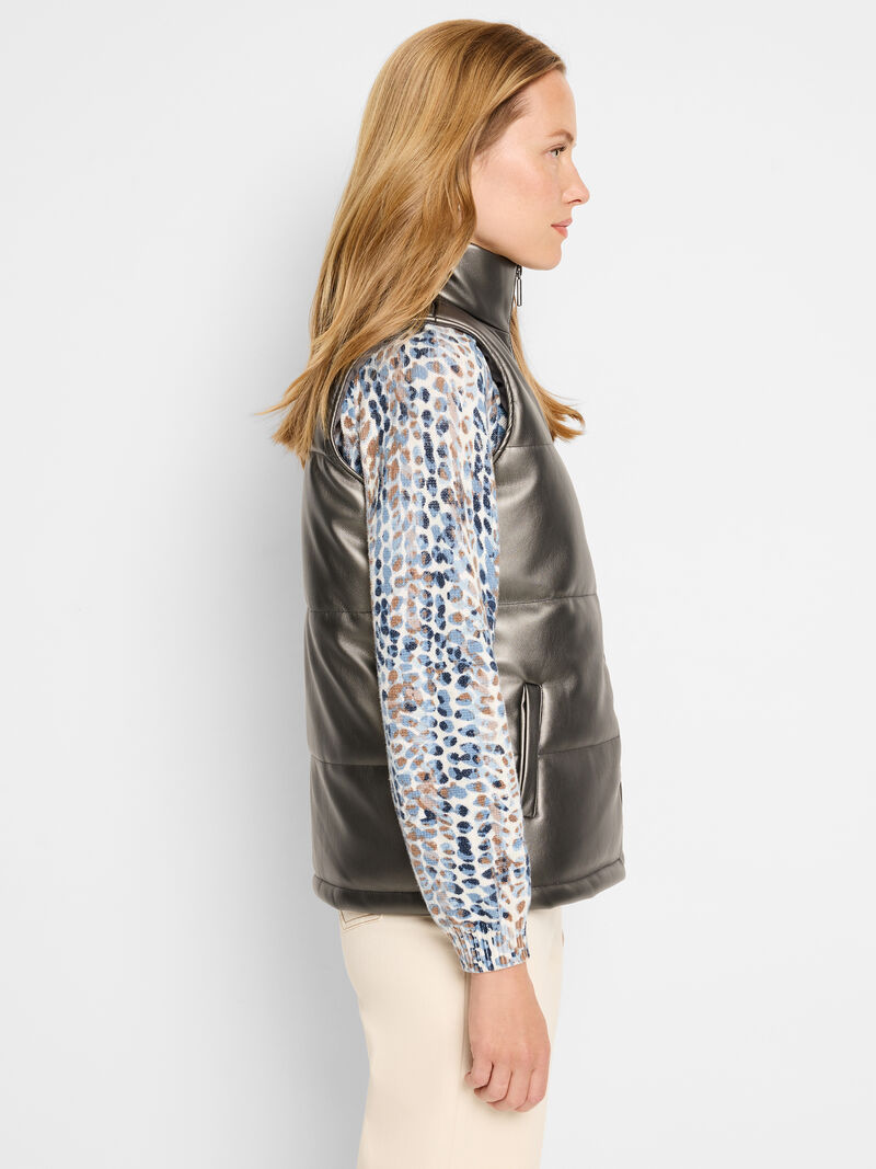 METALLIC FAUX LEATHER PUFFER VEST W241016
