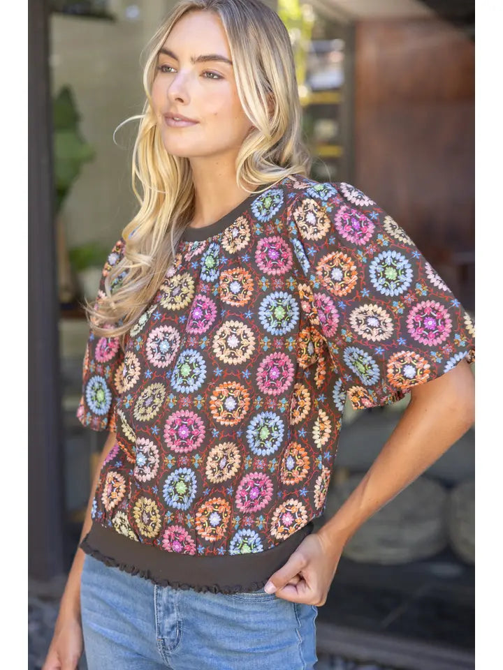 37388 FLORAL EMBROIDERED PRINT BUBBLE SLEEVE TOP