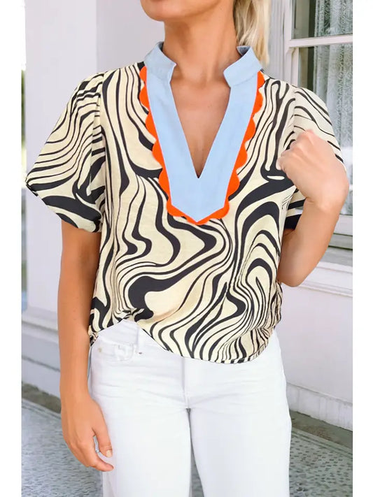 Ldc Zebra Stripe Print Contrast V-Neck Ricrac Blouse