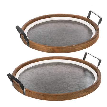 WOOD FRAMED ROUND TRAY W HANDLES AND METAL BASE CB186065