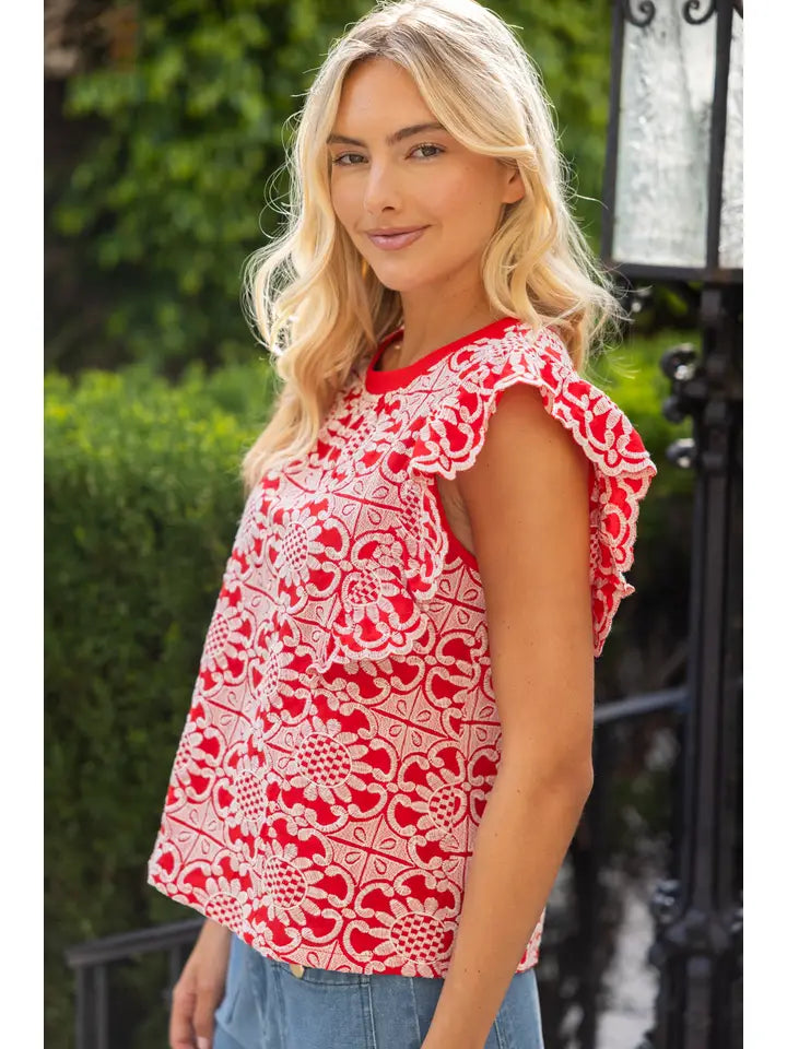 36693 Scallop Ruffle Detail Floral Embroidered Top