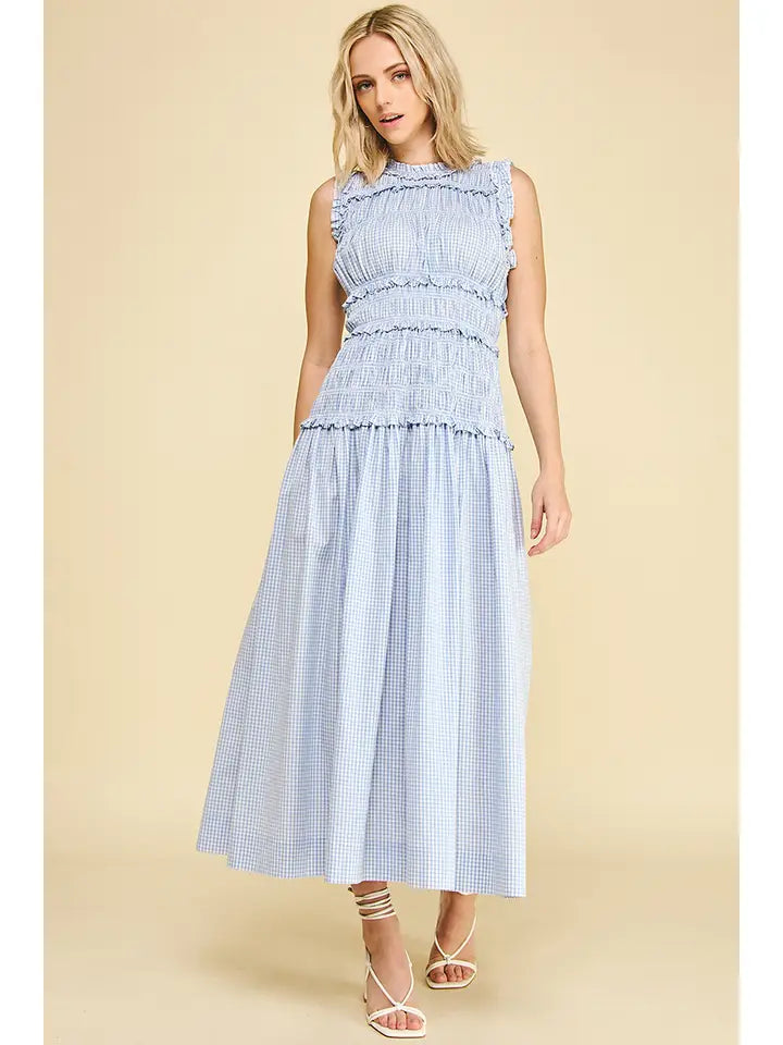 6547D GINGHAM SHIRRING DETAILED MAXI DRESS