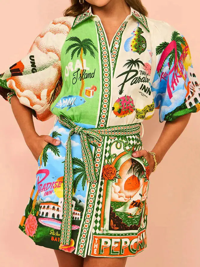 Summer Tropical Summer Print Buttoned Shirt Dress JRM056