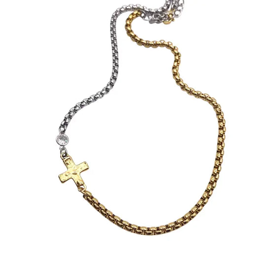 Two Toned Mixed Metal Hammered Cross Necklace  N25391