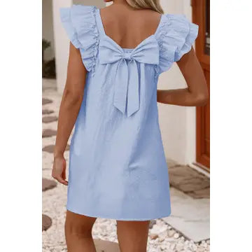 Ldc Textured Flutter Sleeve Square Neck Bow Back Mini Dress