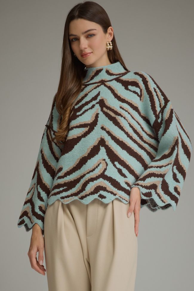 T33973 Animal print long sleeve knit top with mock neckline and scallop trim