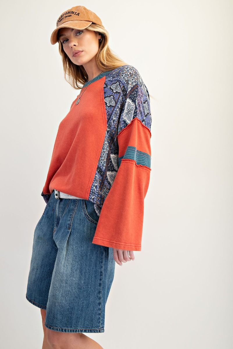 ET71553 BOHO RED PRINT MIX WASHED COTTON JEREY TOP