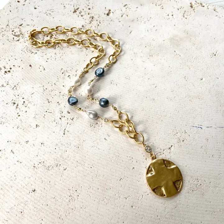 N25277 Denim Pearl Cross Medallion Necklace Lord’S Prayer