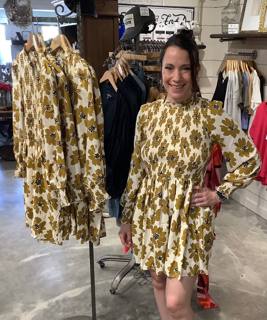 CD03761 MUSTARD SMOCKED DRESS