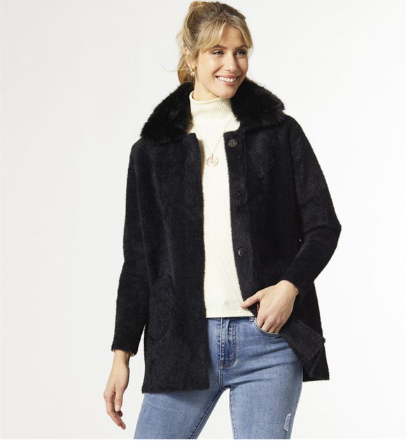WILLOW COAT WITH REMOVABLE FAUX FUR COLLAR BLK