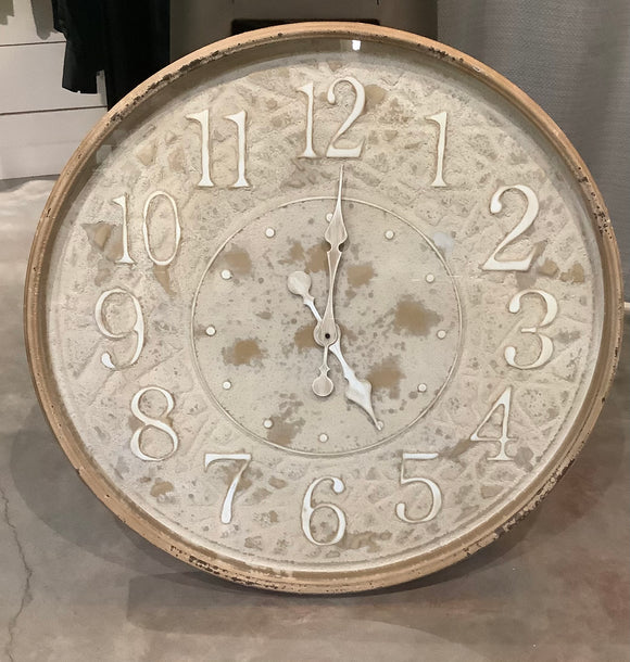 17301A 28 IN DISTRESSED CREAM EMBOSSED METAL WALL CLOCK