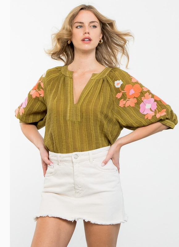 WCT2403 EMBROIDERED PUFF SLEEVE TEXTURED TOP