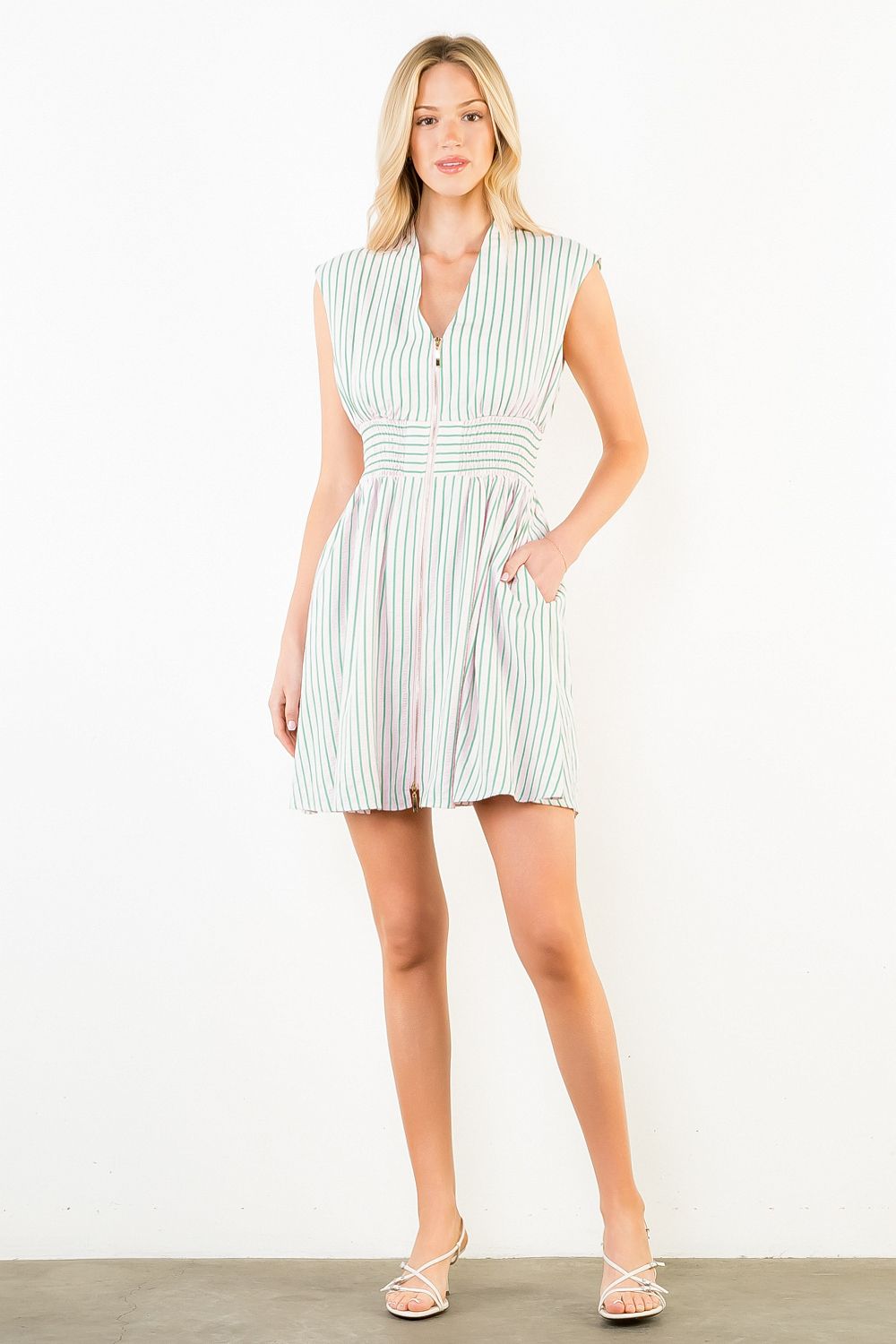 THS1920-1 Sleeveless Zip Front Stripe Dress