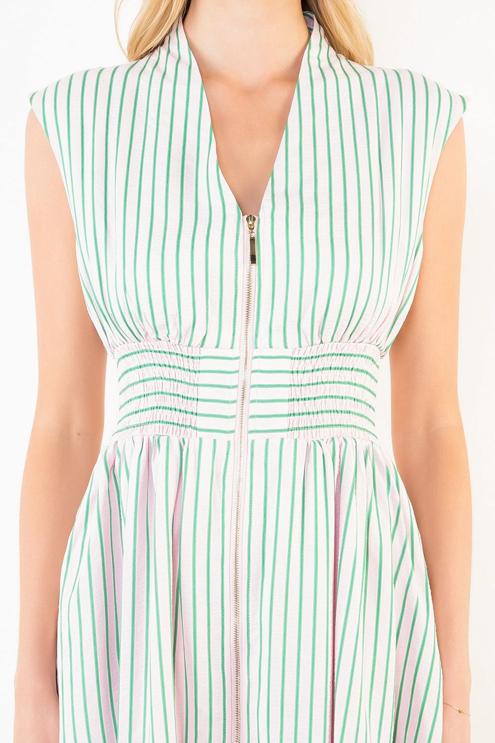 THS1920-1 Sleeveless Zip Front Stripe Dress