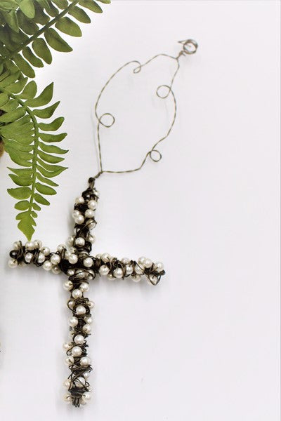 JM86600 WIRE CROSS W PEARLS ORNAMENT