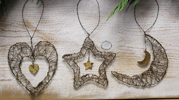 5x5" Wire Ornament, Moon/Heart/Star, 3 assorted Item #: JM9308A
