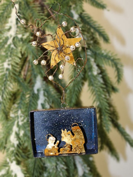 3.25x2.5" Metal Ornament w/ Star, Mini Nativity Silhouette, 4.5" Drop Item #: JM9326