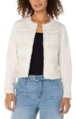 LM1B72L12 collarless jacket w fray & lace