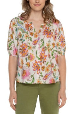 LM8B67EE9P96 SHORT SLEEVE BUTTON FRONT FLORAL BLOUSE