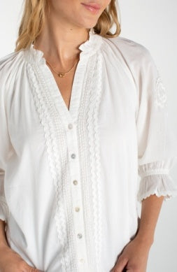 3/4 slv button front woven top w/emb LM8K15EE60E2