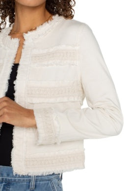 LM1B72L12 collarless jacket w fray & lace