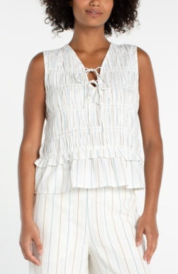 sleeveless tie front woven top w/ smocking LM8K10EE61