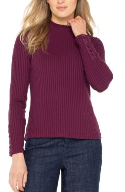 long slv mock neck knit top w/ button detail